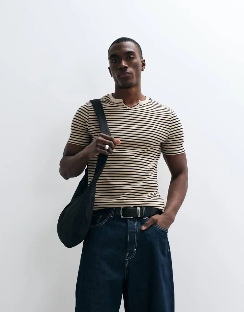 ASOS DESIGN heavyweight slim t-shirt in brown striped textured fabric