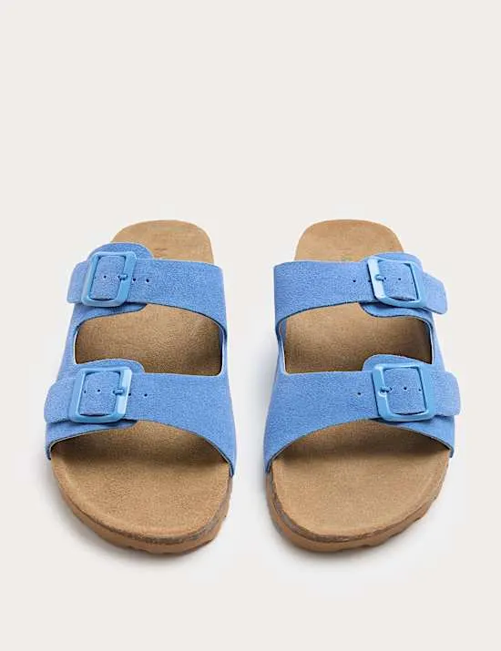 Suede Buckle Footbed Mules