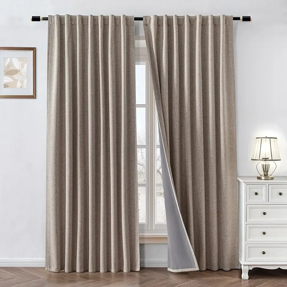 100% Blackout Curtains 84 inch Length 2 Panels Faux Linen Long Drapes for Bedroom Nursery Living Room Black Out Room Darkening Curtain Thermal Insulated Back Tab Rod Pocket(W52 x L84, Beige)