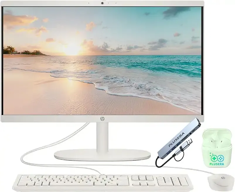 HP 21.5" FHD All-in-One Desktop Computer, Quad-Cores Intel N100, Windows 11 & 8-in-1 Docking Hub, Keyboard & Mouse Included (White, 8GB RAM | 384GB Storage)
