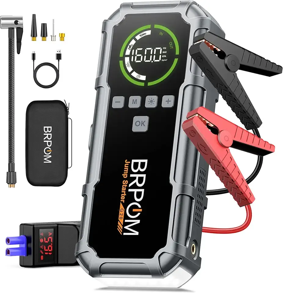 Jump Starter with Air Compressor, BRPOM 8000A Portable Car Jump Starter (All Petrol/12L Diesel), 160PSI 12V Battery Jump Starter Power Pack with Jump Clamps, LCD Screen, 600 Lumens Emergency Light