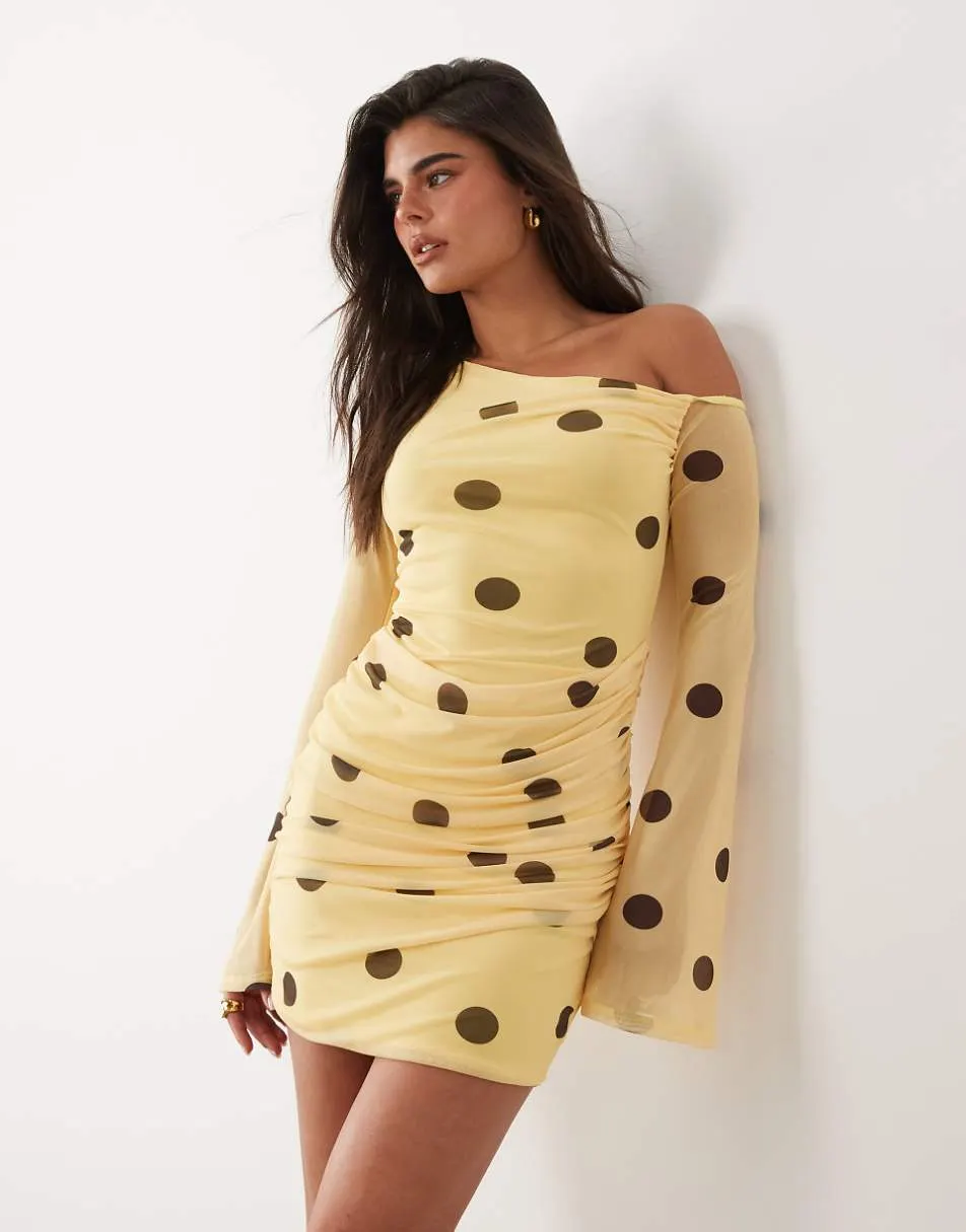 ASOS DESIGN printed mesh off shoulder mini dress with angel sleeve in lemon polka dot