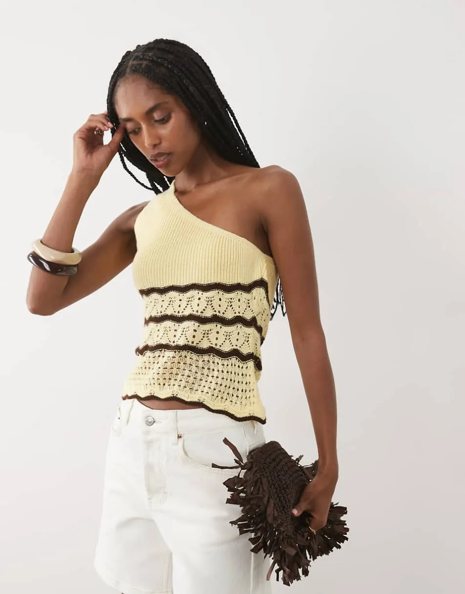 Miss Selfridge crochet knitted one shoulder top co-ord in yellow and chocolate stripe