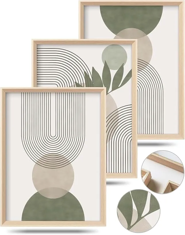 HesenDot Boho Sage Green Framed Wall Art, Abstract Canvas Prints | 12x16IN Set of 3,High Framed Design Canvas Prints,Minimalist Green Abs…