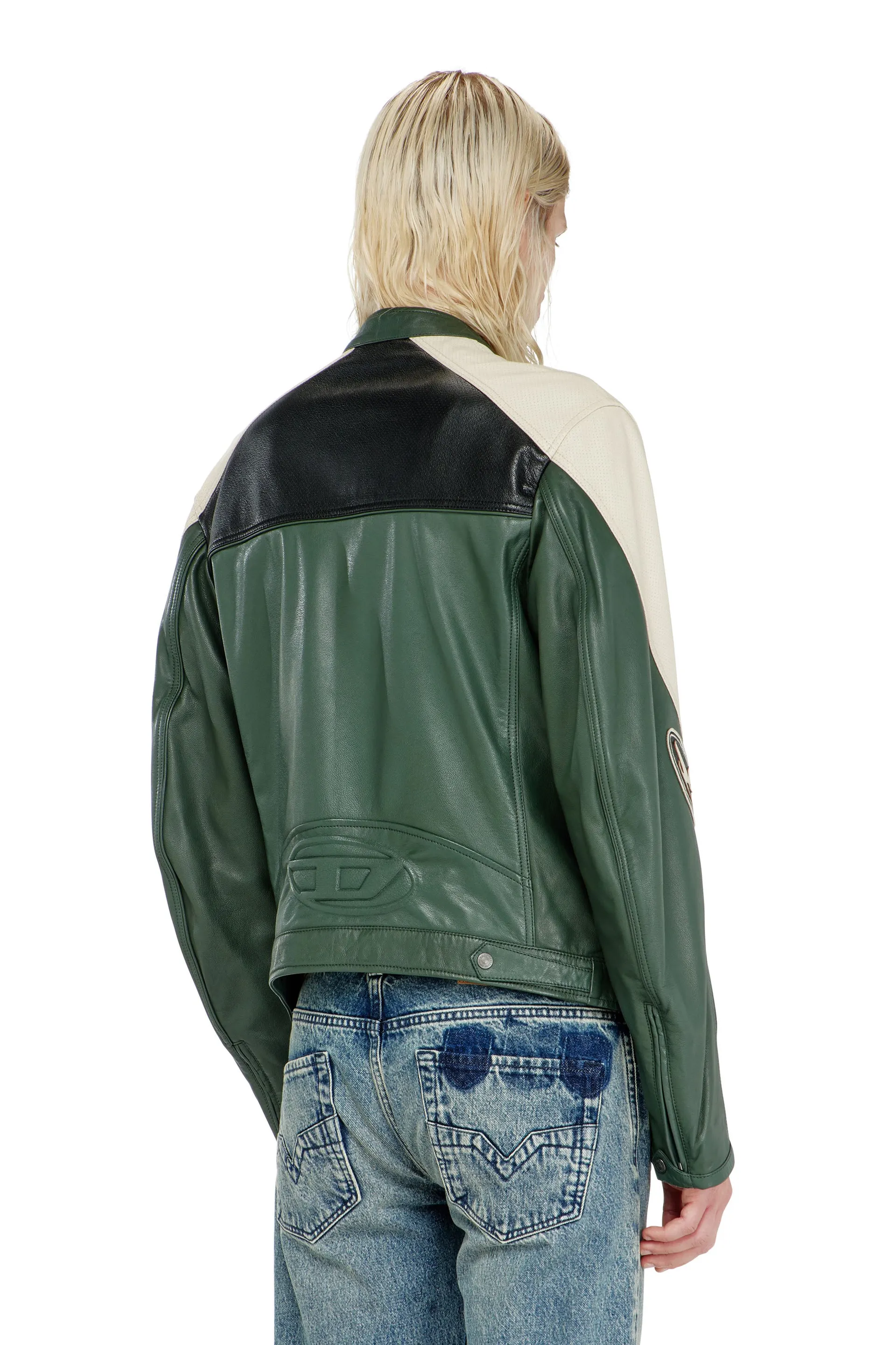 Biker jacket in colour-block perforated leather