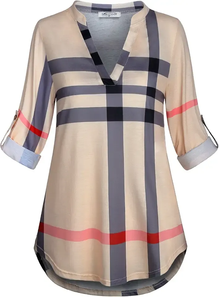 Womens 3/4 Roll Sleeve Plaid Shirt Business Casual Blouses and Tops Dressy for Work