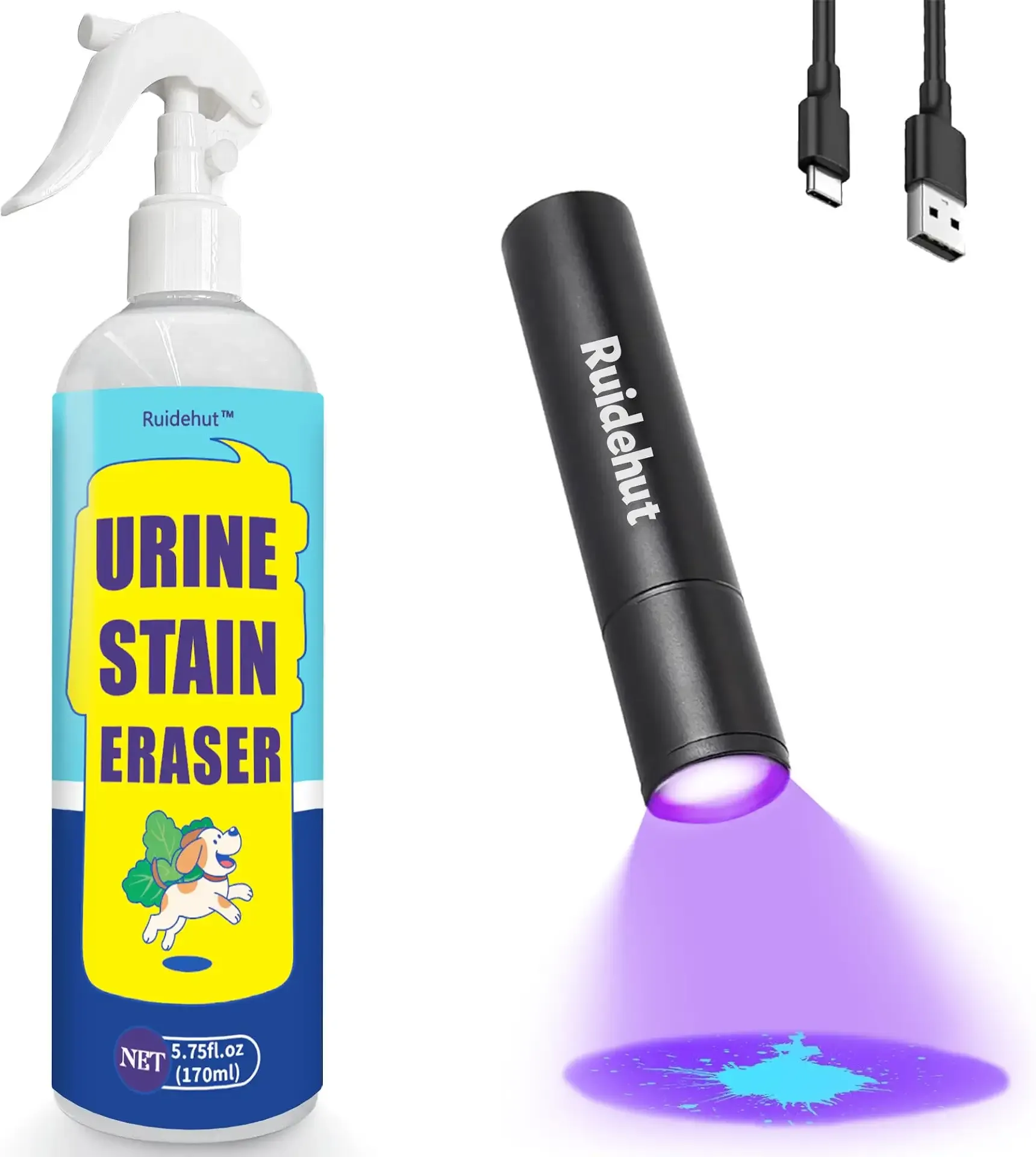 Powerful Stain & Odor Remover + Pet Urine Detector (UV Flashlight) — Enzymatic Pet Urine Cleaner, Detects and Cleans Stains Such as Pet Urine, Feces, and Vomit, 5.75 fl oz