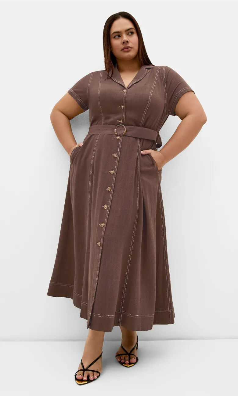 Tia Belted Stitch Detail Maxi Dress - chocolate