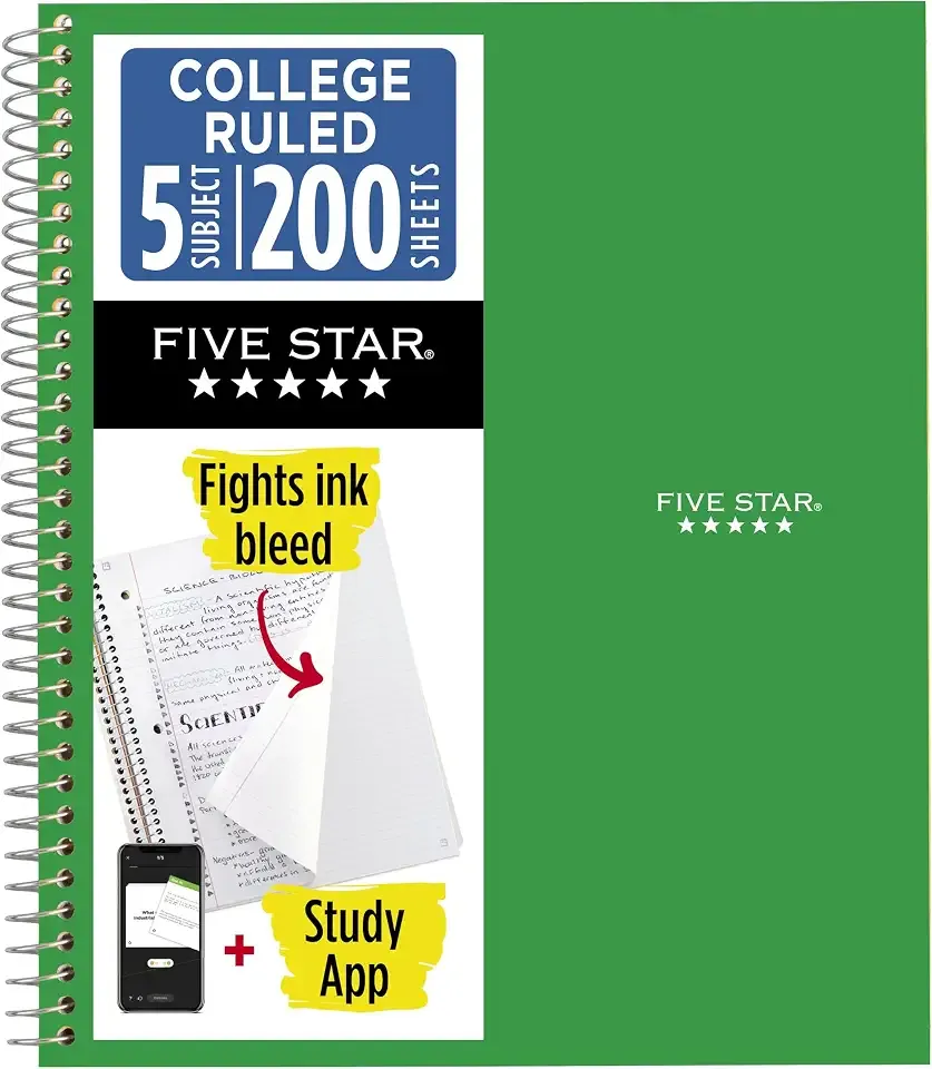 Five Star Spiral Notebook + Study App, 5 Subject, College Ruled Paper, 8.5" x 11", 200 Sheets, Green (Color May Vary) (72079)