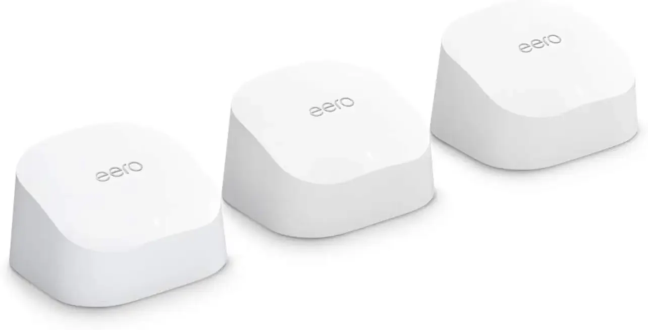 Amazon eero 6 mesh wifi system - Supports internet plans up to 500 Mbps, Coverage up to 4,500 sq. ft., Connect 75+ devices, 3-pack (1 router + 2 extenders)