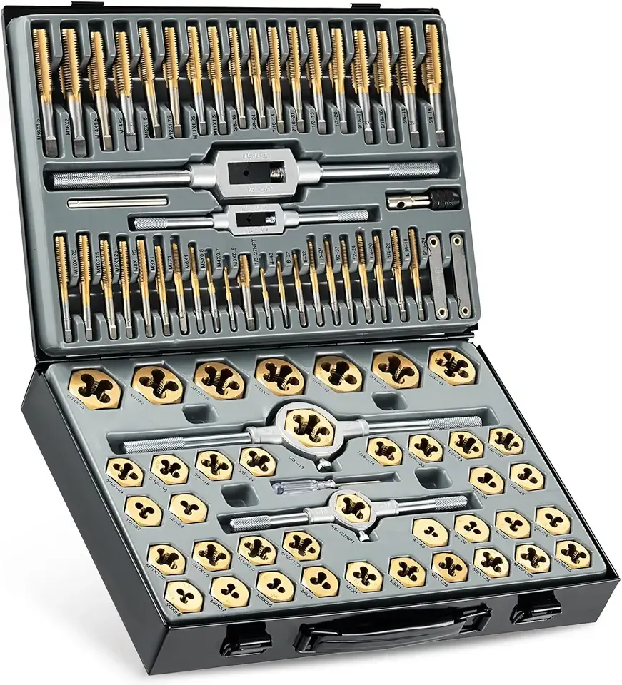 Orion Motor Tech 86pc Tap and Die Set in SAE and Metric, Titanium Coated Steel Tap Set and Die Tool Set for Homeowners Mechanics and Craftsmen Metric and Standard Internal and External Threading