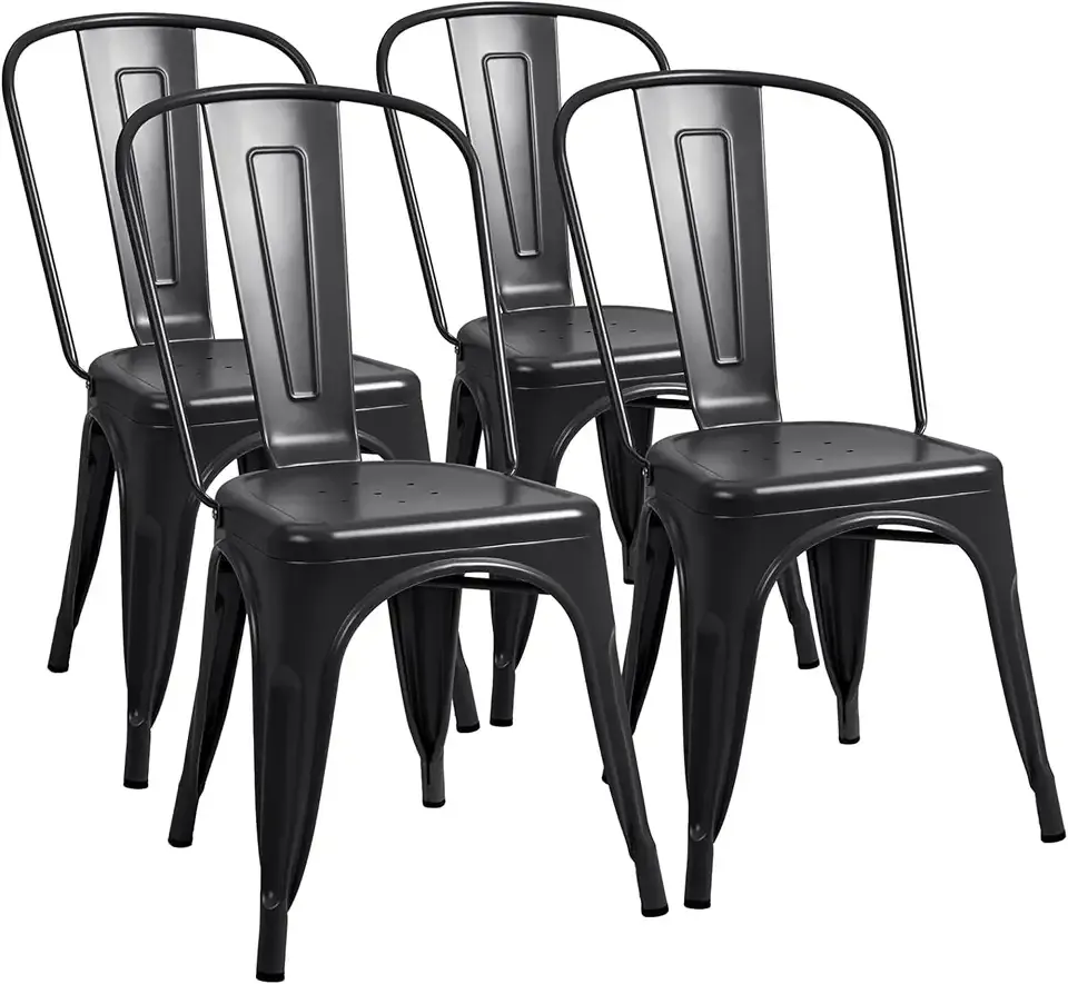 Furmax Metal Dining Chair Indoor-Outdoor Use Stackable Classic Trattoria Chair Chic Dining Bistro Cafe Side Metal Chairs Set of 4 (Black)
