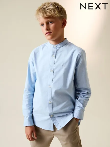 Blue Long Sleeve Grandad Collar Oxford Shirt (3-16yrs)