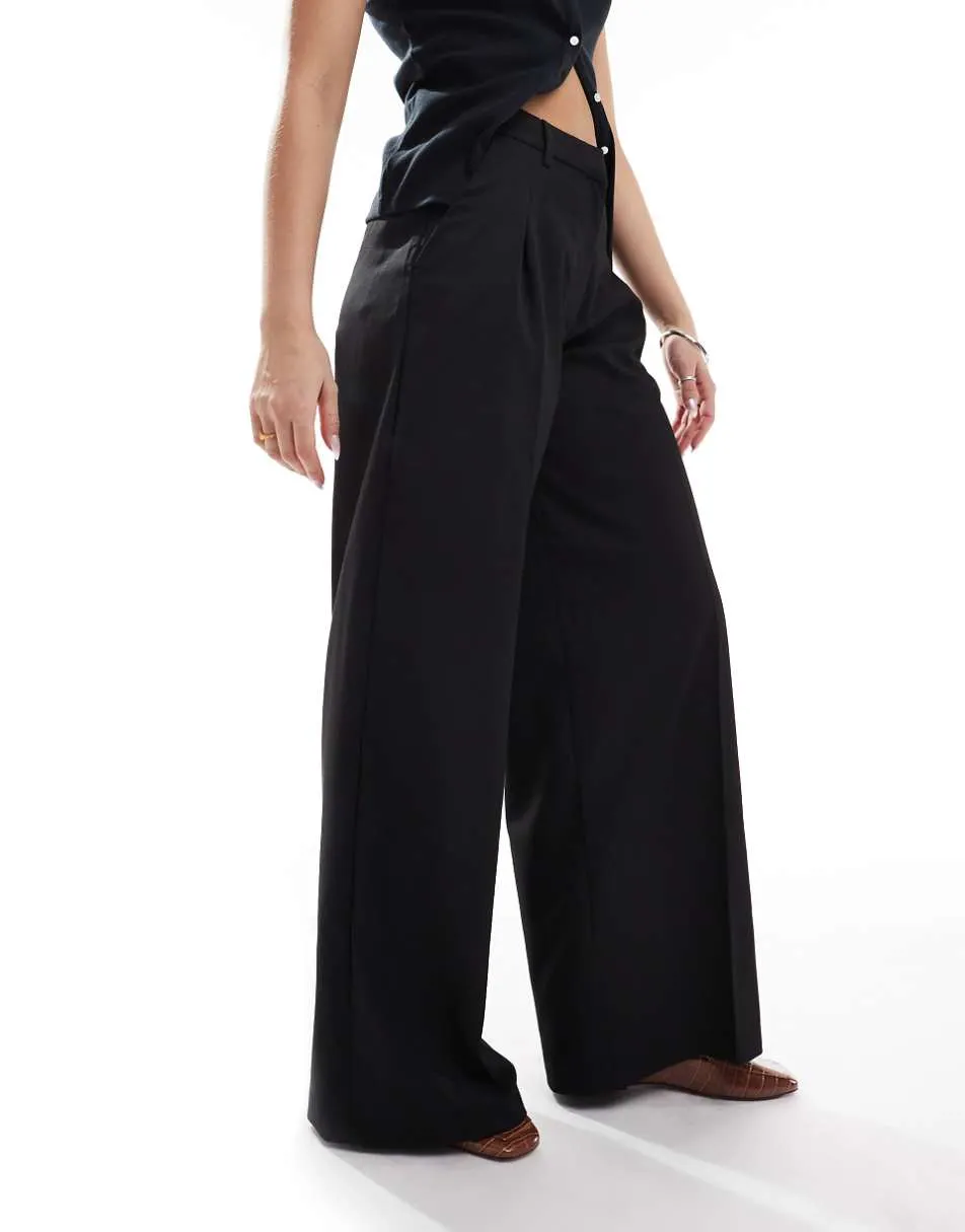 Monki high waist wide leg trousers with front pleat in black