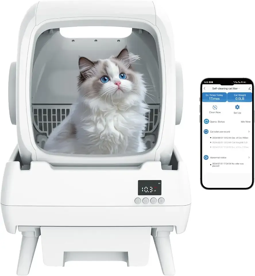 Automatic Cat Litter Box Self Cleaning - App Control, Cat Toilet Records, Suitable for Big Cats, Medium Cats, Kittens and Multi-Cat Families, Anti-Pinch, Low Noise【Assembly Required】- White