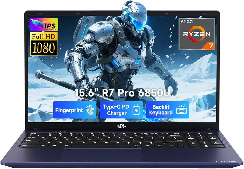 NIMO 15.6" Light-Gaming-Laptop, 8 Cores AMD Ryzen 7 Pro 6850U 16GB LPDDR5 RAM 512GB SSD (Beat i7-1360P Up to 4.7GHz) AMD Radeon 680M GPU IPS FHD Computer with 100W Type-C Charger Fingerprint BK