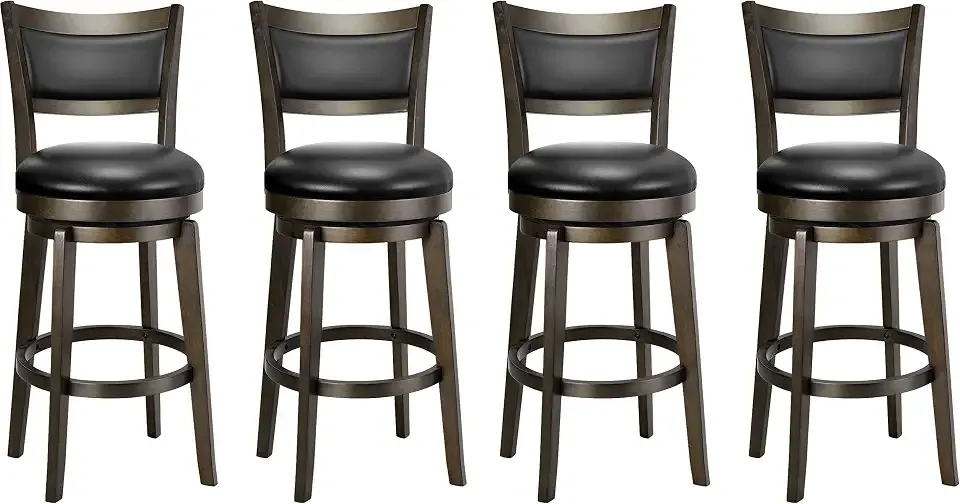 PrimeZone Swivel Bar Stools Set of 4, 26 Inch Counter Height Barstools, Black Faux Leather Bar Stool with High Backrest & Solid Wood Legs & Wrap-around Footrest, Counter Stools for Kitchen Island, Pub