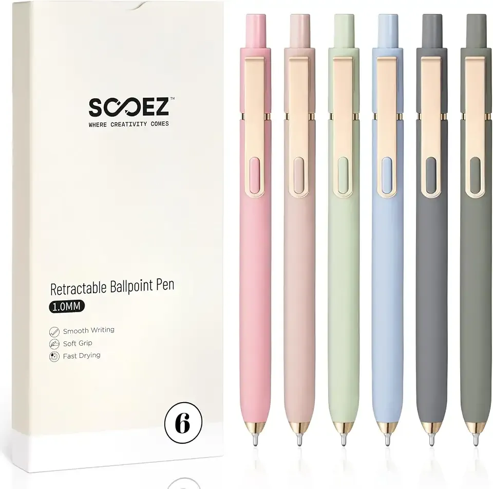 Sooez 6 Pack Ballpoint Pens, Retractable 1.0 mm Medium Point Black Ink Pens | Smooth Writing Pen Bulk for Journaling, Soft Grip Cute Pen for Women, Nurse, Office School Supplies, Small Teacher Gifts