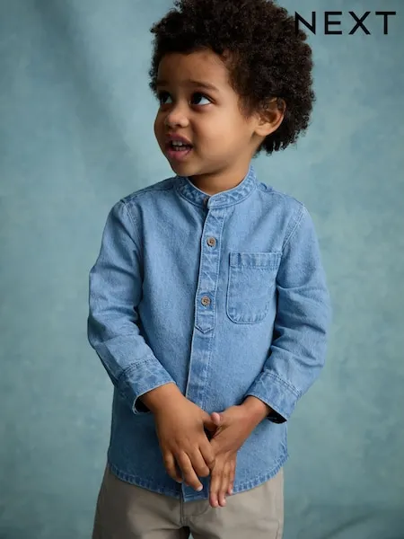 Blue Denim 100% Cotton Long Sleeve Grandad Collar Denim Shirt (3mths-7yrs)