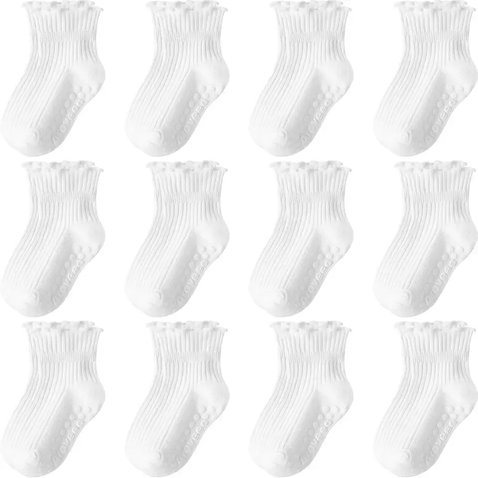 Toddler Girls Socks 12 Pack Grip Non Slip Ruffle Frilly Cotton Socks for Toddlers Baby Girls Kids Cute 6M-7Years