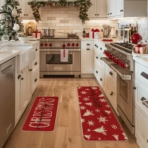 2PCS Tapetes de Cocina navideños, Alfombra de Copo de Nieve para árbol de Navidad, Felpudo navideño Antideslizante y Lavable,50 * 80 cm + 50 * 150 cm