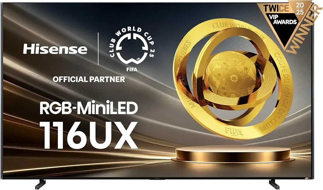 Hisense 116-Inch Class Premium UX Series RGB-MiniLED 4K UHD HDR Google Smart TV(116UX, 2025) - RGB Backlight MiniLED, Up to 8000 nits, 3D Color Master Pro, Native 165Hz Panel, 6.2.2 CineStage X