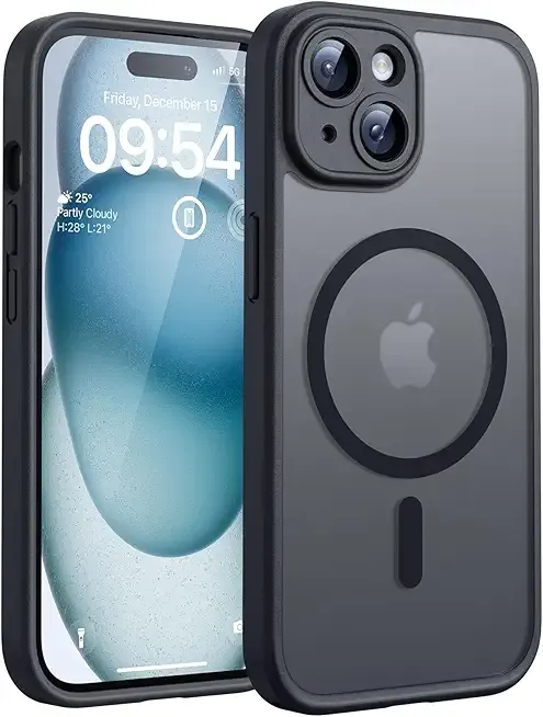 TOCOL for iPhone 15 Case, Full Camera Protection, Built-in Magnetic Ring, Compatible with Magsafe, Drop Protection, Translucent Matte Phone Case for iPhone 15 6.1 inch (Black)