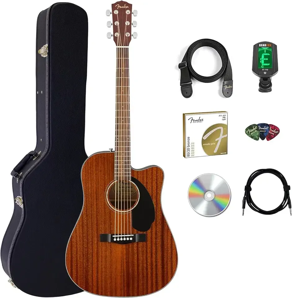 Fender CD-60SCE Solid Top Dreadnought Acoustic-Electric Guitar - All Mahogany Bundle with Hard Case, Instrument Cable, Tuner, Strap, Strings, Picks, and Austin Bazaar Instructional DVD