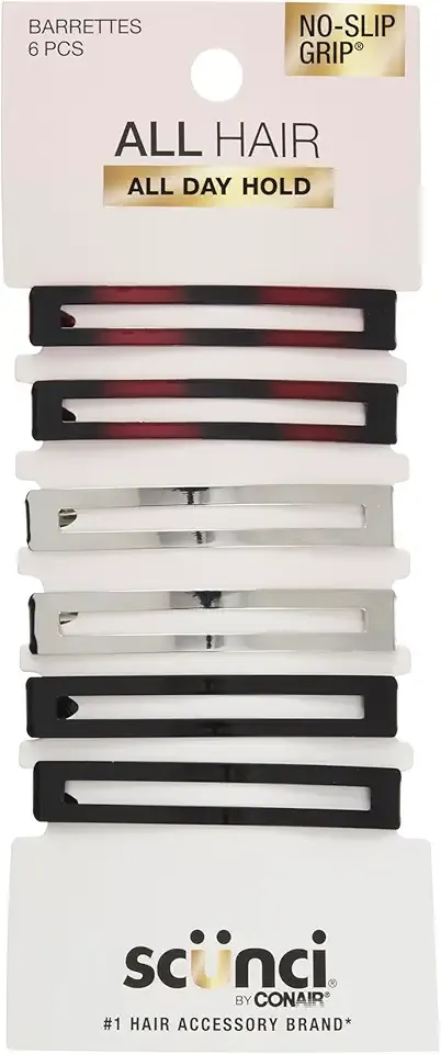 Scunci by Conair No-Slip Grip Stay Tight Barrettes - hair barrettes for women - hair accessories for women - Assorted Neutral Metallic Colors - 6 Count