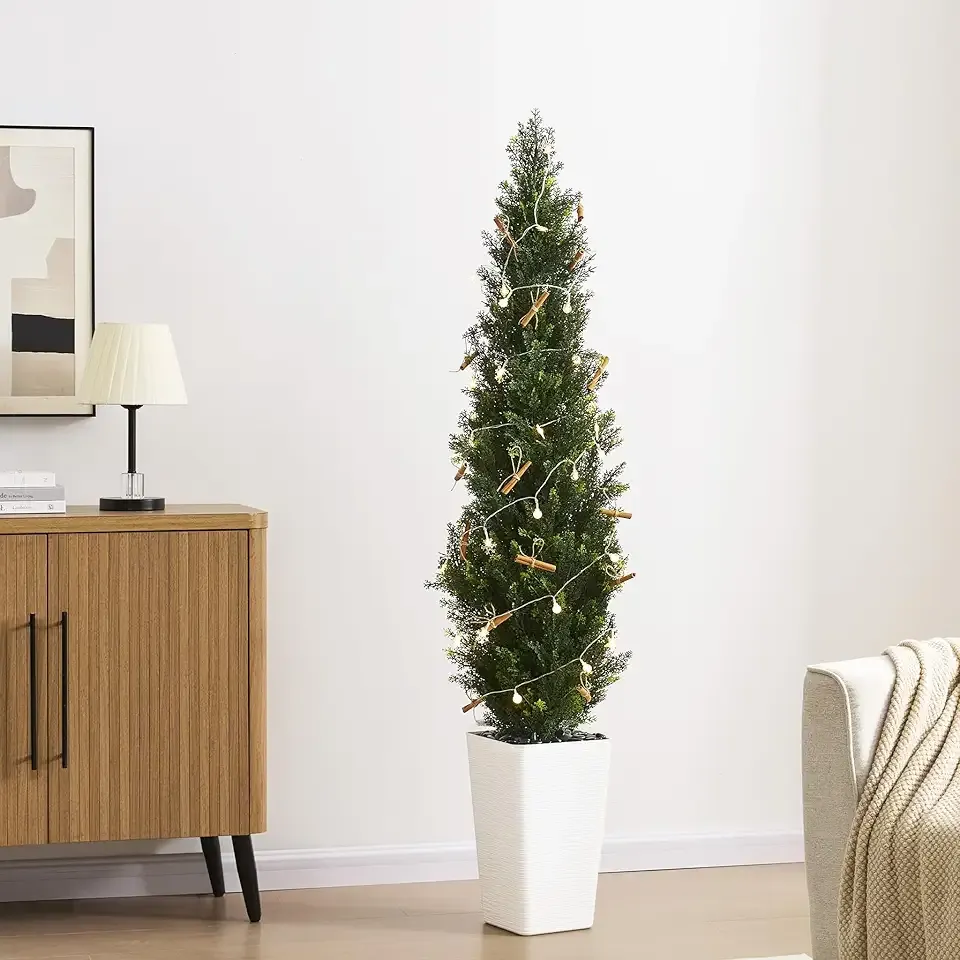 Artificial Cedar Topiary Tree - 5FT Tall Fake Plants with White Tall Planter, Artificial Plants Indoor Floor Plant in Pot, Realistic Faux Tree for Home Office Living Room Decor