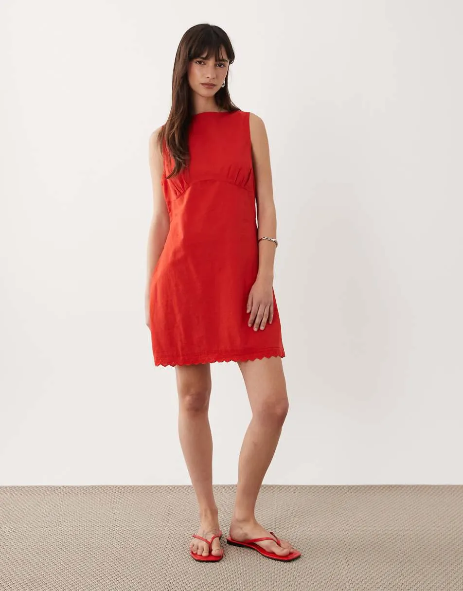 ASOS DESIGN slash neck mini sundress with sculpted bust and broderie hem in tomato red