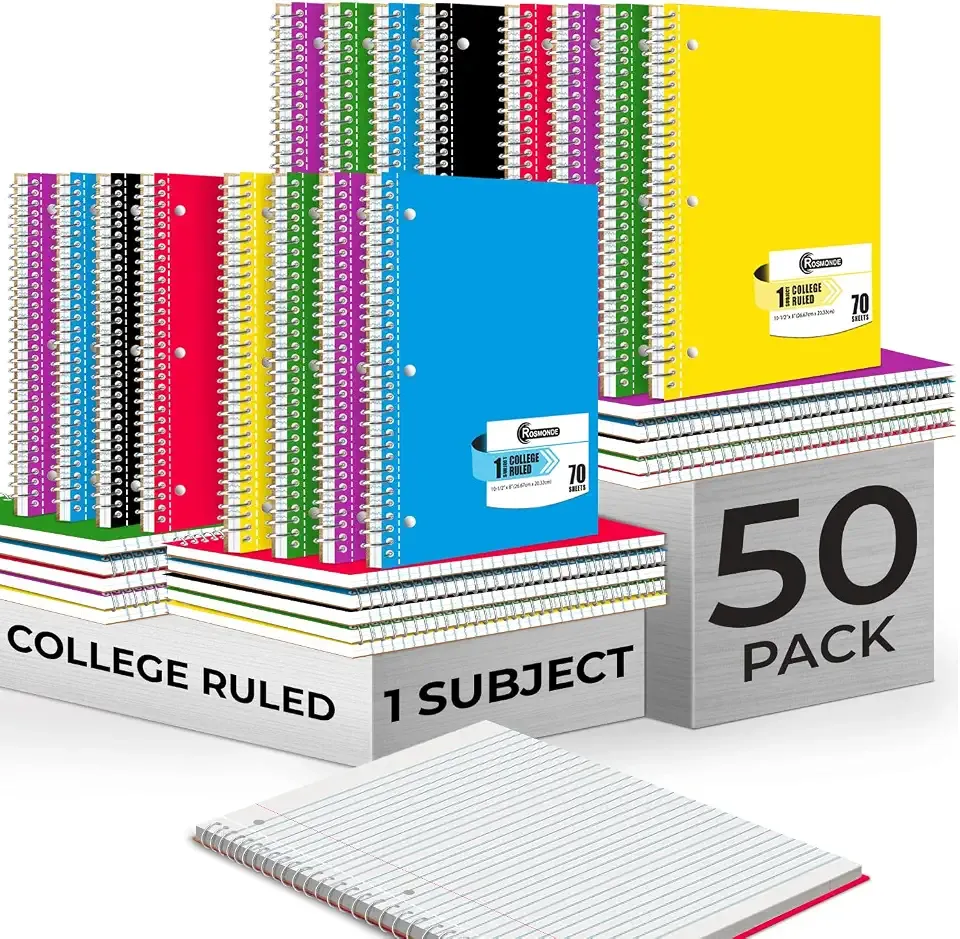 Rosmonde 50 Pack 1 Subject Spiral Notebook College Ruled Bulk, 70 Sheets | College Ruled Notebook 1 Subject Bulk, 140 Pages, 8 x 10-1/2", 3 Hole Punched, Thick No-Bleed Paper, Bulk Subject Notebook