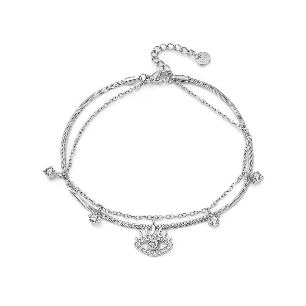 Dubbele armband in edelstaal met oogbedel en zirkonia's