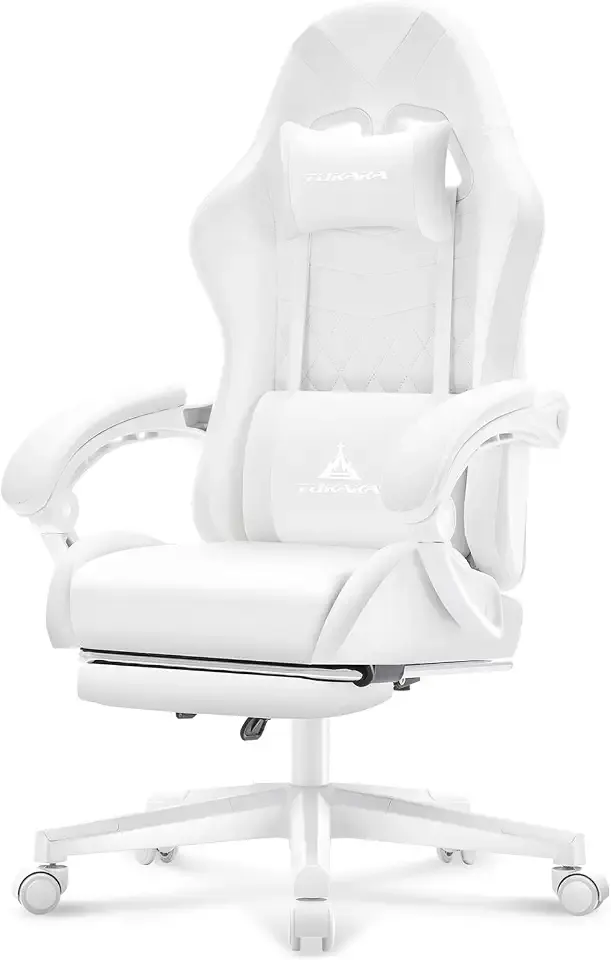 White Gaming Chair,Ergonomic Massage Office Desk Chair with Footrest | Pocket Spring Cushion,Reclining,Thick High Back,Headrest and Lumbar Support,Adjustable Leather Computer Chair Gamer Chair