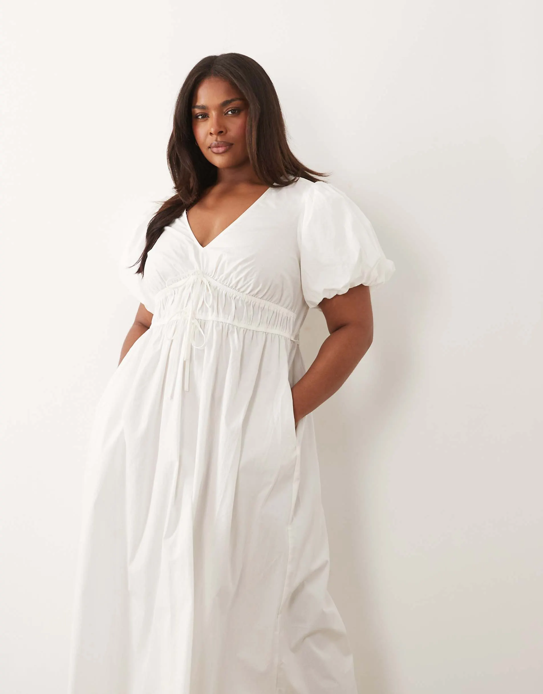 New Look Curve puff sleeve midi dress in white