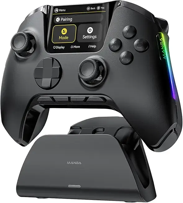 ManbaOne Interactive Screen Wireless Gaming Controller (Black) | for PC/Switch1/2/iOS/Android,Hall Effect Stick & Trigger,RGB Lighting,Remappable Buttons,1800mAh with Charging Dock