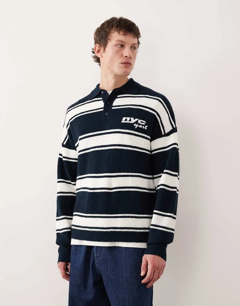 ASOS DESIGN relaxed knitted long sleeve polo with chest embroidery in navy and ecru stripe