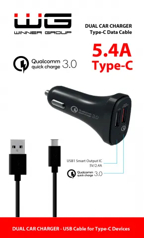 Autonabíječka 2xUSB Qualcomm (5.4A) + datový kabel Type C černá