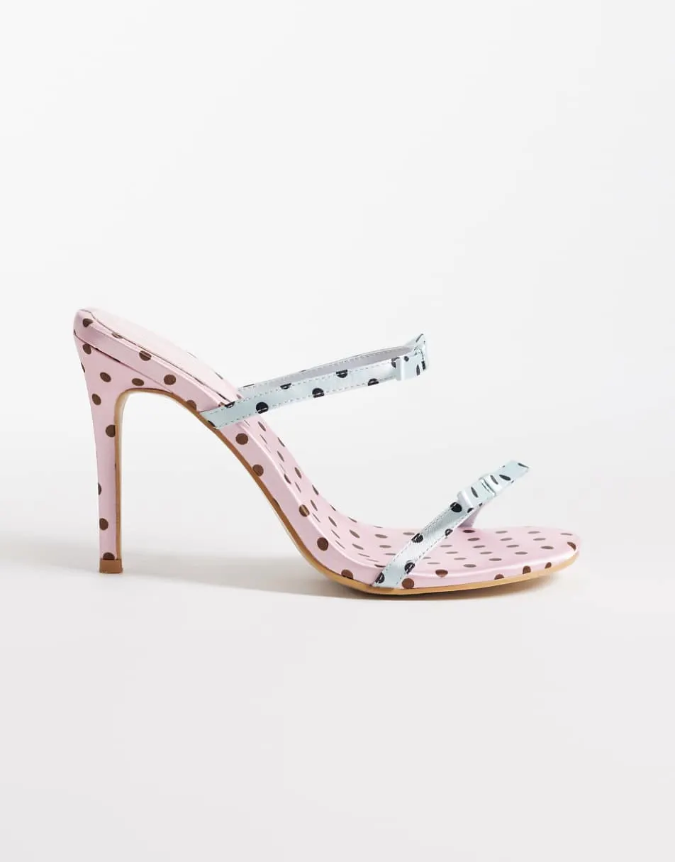 Kaiia exclusive contrast bow detail kitten heels in blue and baby pink polka dot