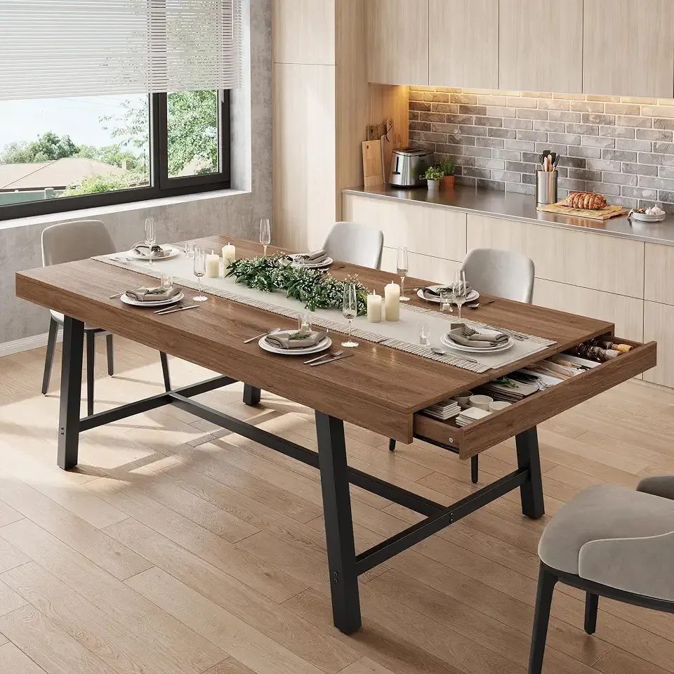 Industrial Dining Table for 6, 63" Rectangular Kitchen Table with Hidden 2 Storage Drawers, Wooden Dining Room Table with Heavy Duty Metal Frame, Kitchen & Dining Room Table for 6-8 People, Brown