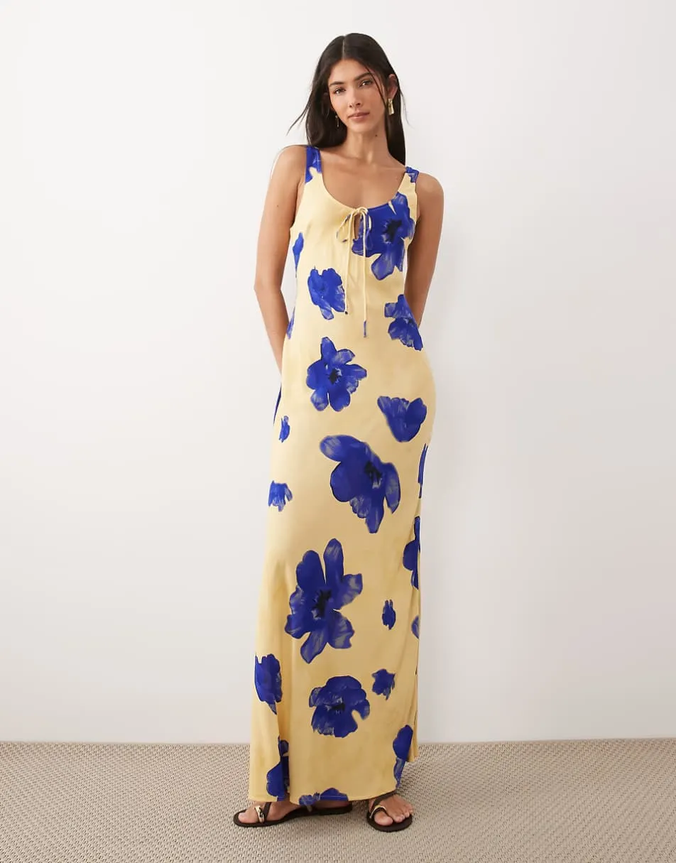 ASOS DESIGN scoop neck tie front midi dress in blown out blue floral
