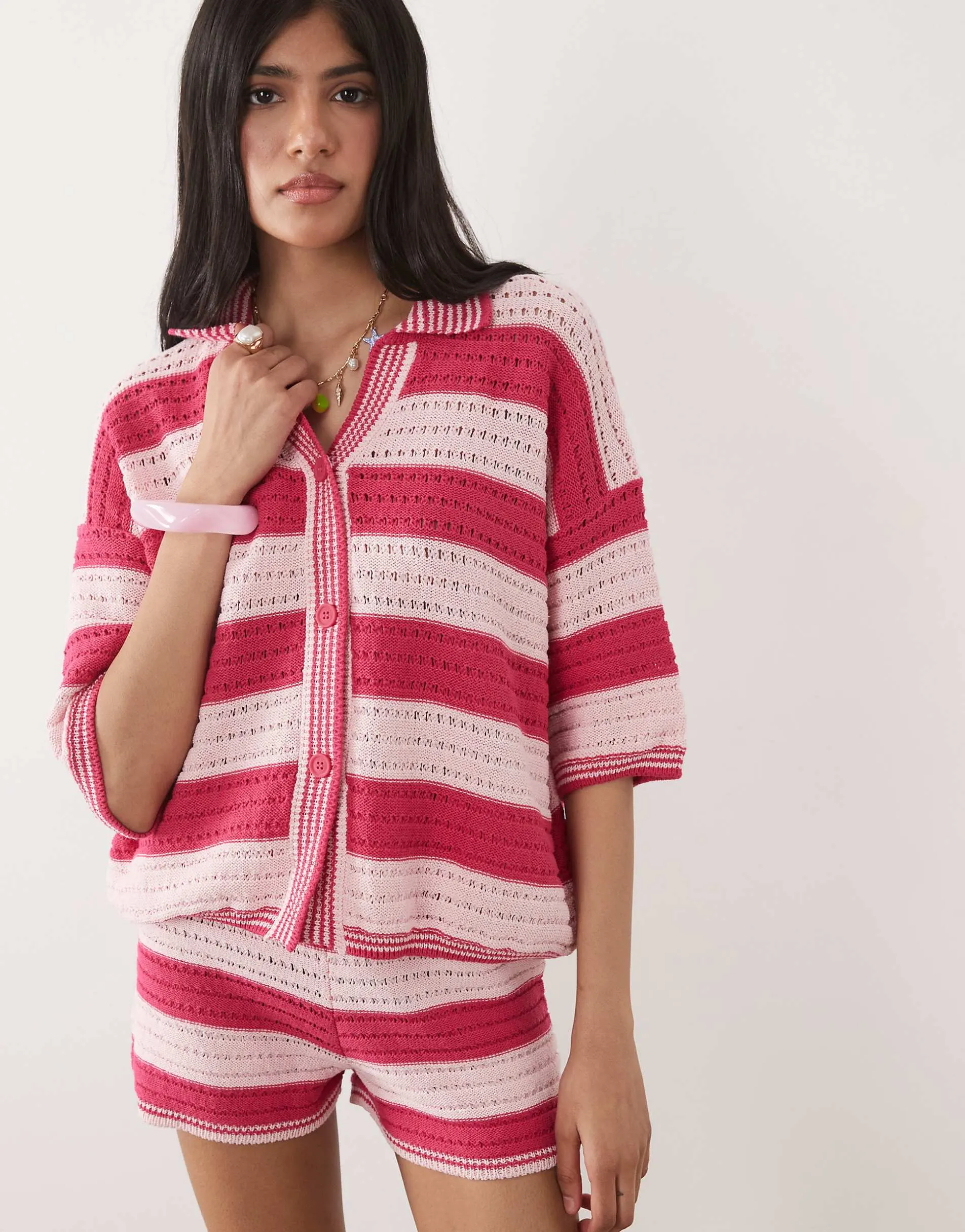 ASOS DESIGN Sally beach knit button through top co ord in pink stripe