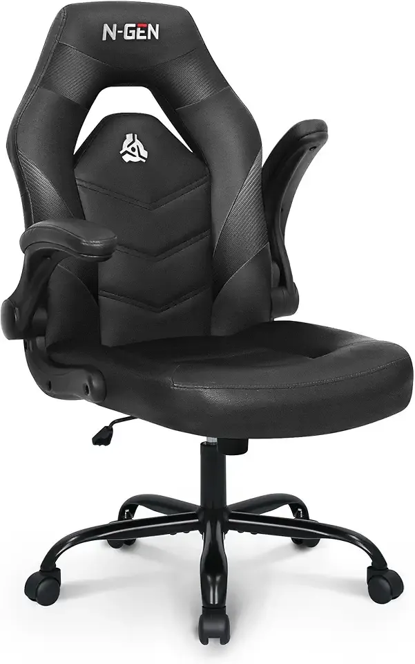 N-GEN Gaming Gaming Chair, Lumbar, PU Leather, Flip-Up Arms, Jet Black | Ergonomic High-Back Design, Adjustable Height with 360° Swivel Wheels, Comfortable Computer Desk Seating for Office and Home