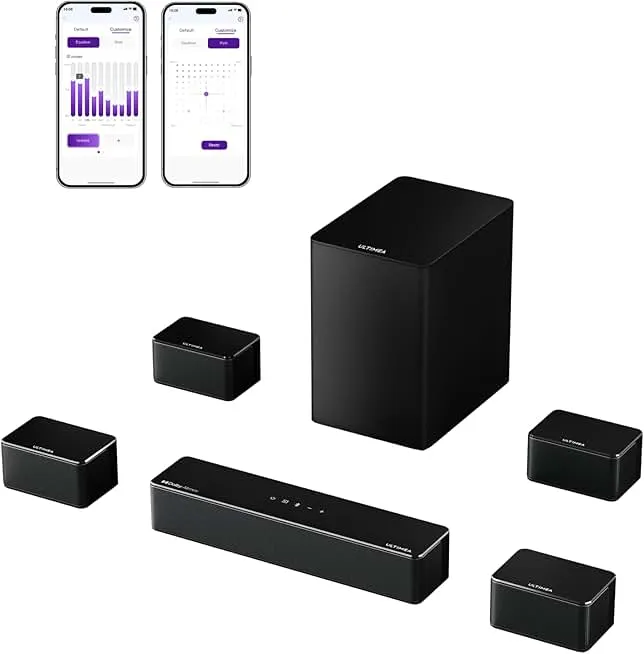 ULTIMEA 7.1Ch Soundbar with Dolby Atmos, APP Control, Surround Sound System for TV, 4 Wired Surround Speakers, Sound Bar for TV with 6.5" Wireless Subwoofer, Soundbar for TV, Poseidon D80 Upgraded