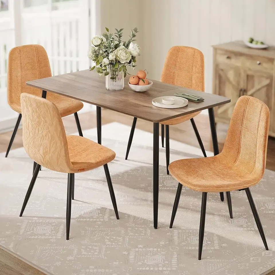 VASAGLE Set of 4 Dining Chairs, Dining Room Kitchen Chairs, Metal Frame, Adjustable Feet, Easy to Clean, Chenille Fabric, Glacier-Textured Synthetic Leather, Caramel Brown UKDC187K01-2J