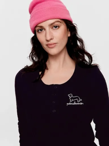 Black Waffle Henley Long Sleeve Top