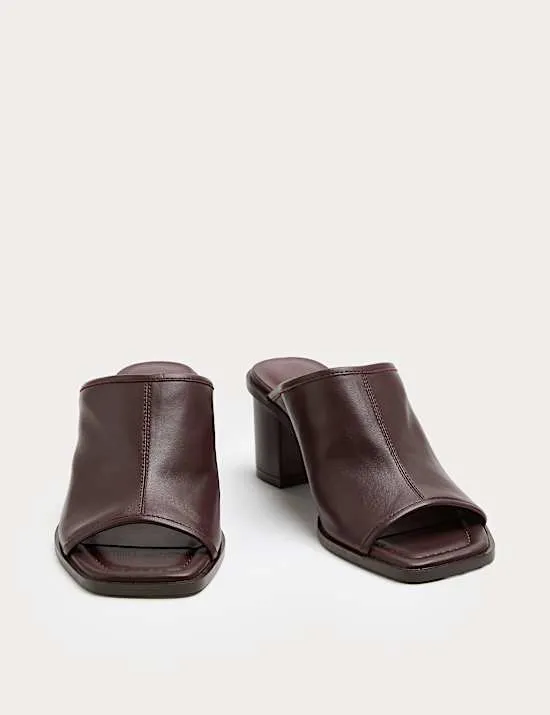 Leather Block Heel Peep Toe Mules