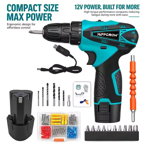 Hippcron 12V Lithium Electric Drill Tapping Cordless Impact Tool Set Multifunction Screwdriver Household with 3/8" Keyless Chuck