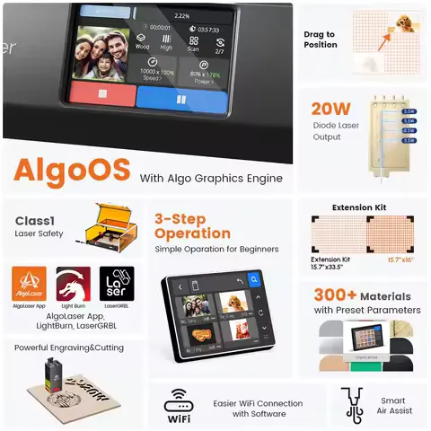 AlgoLaser 20W Metal Engraver Machine -Desktop Laser Engraver Machine Tumblers - Laser Cutting Machine 3.5" Touchscreen&AlgoOS