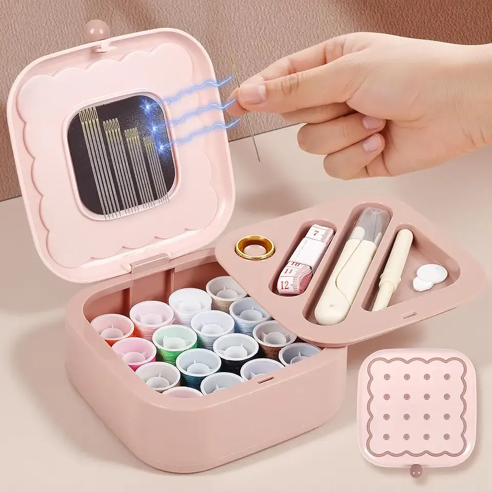 LOTOFUN Small Sewing Kit Box: Cute Portable 2-Layer Organizer Magnetic Needle and Thread Kits Holder Basic Case - Home Clothes Repair for Beginners (Pink)